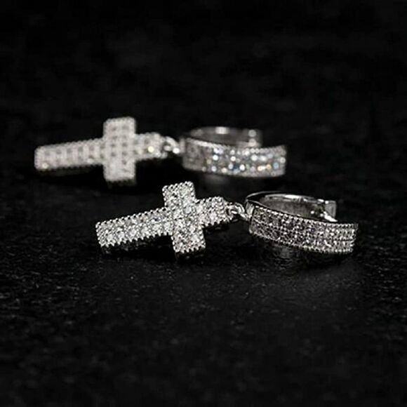 NEW 18K Gold Plated Diamond Cross Pendant Earrings - Picture 2 of 5